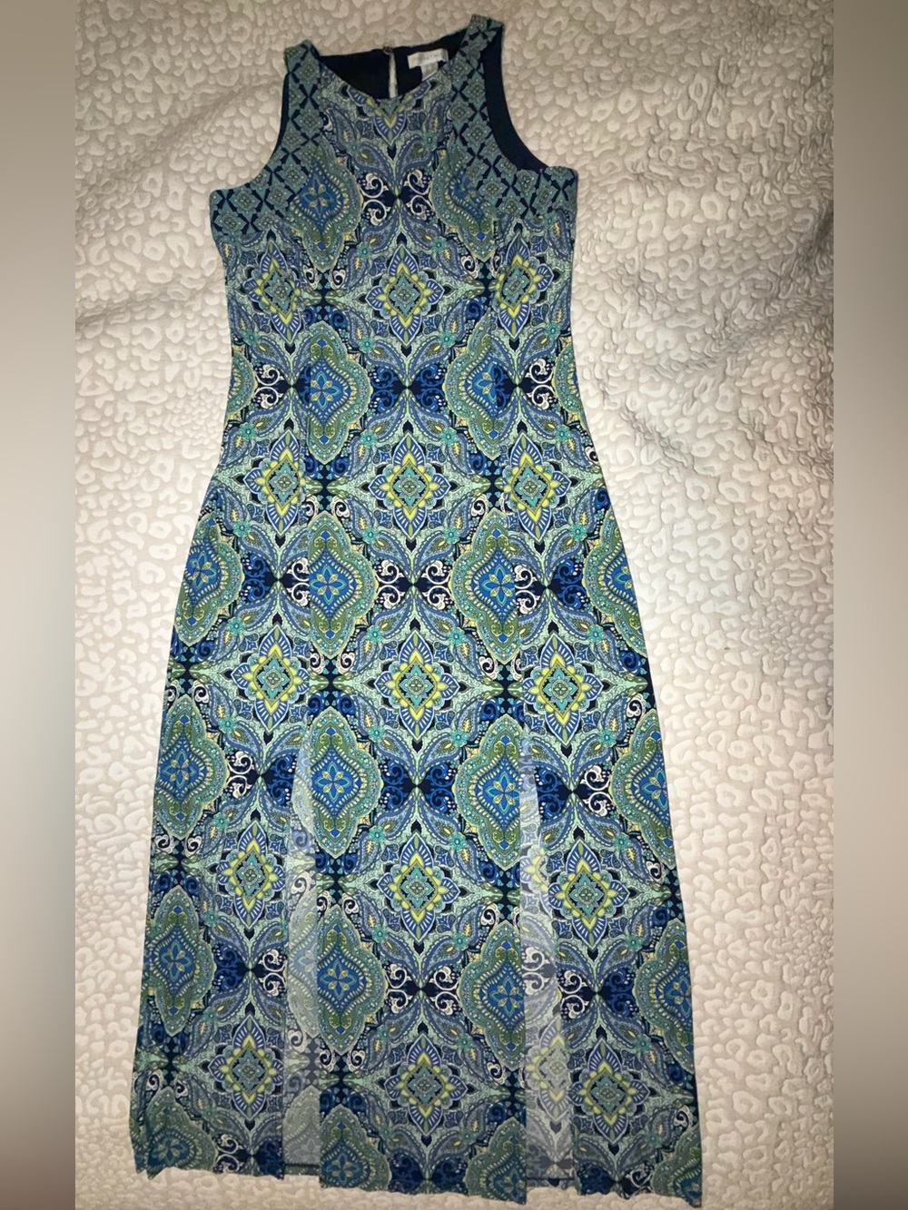 London Times Summer Blue & Green Geometric Maxi Dress. Size 10
